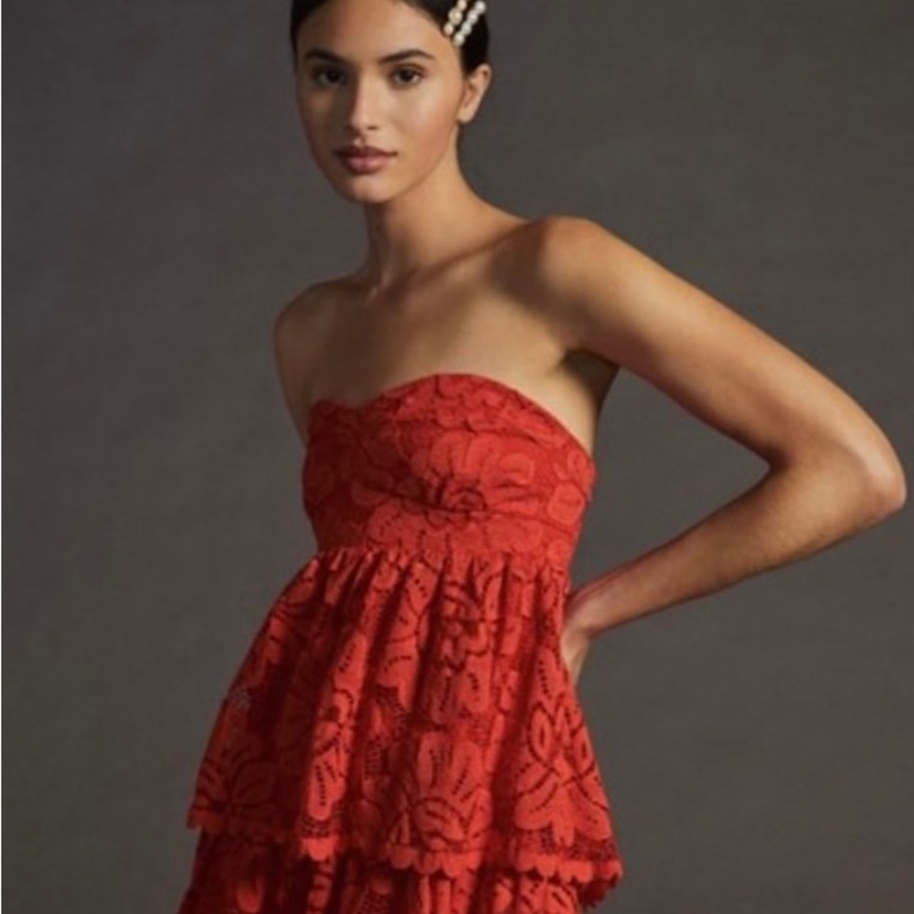 Anthropologie Maeve Women's Strapless Lace Mini Dress in Red Size Medium